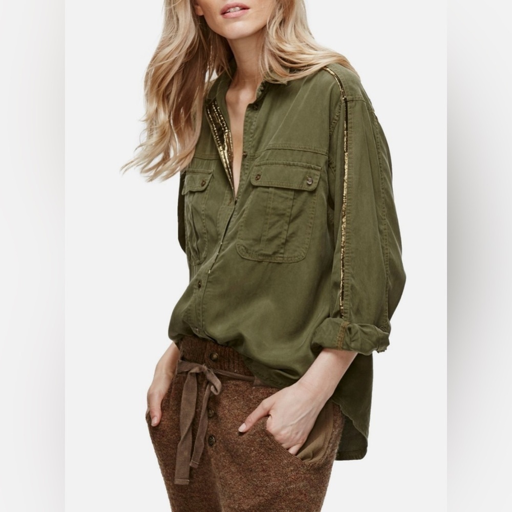 Free People Off Campus Metallic-Detail Button-Down Shirt in Moss - Size M - Picture 6 of 6